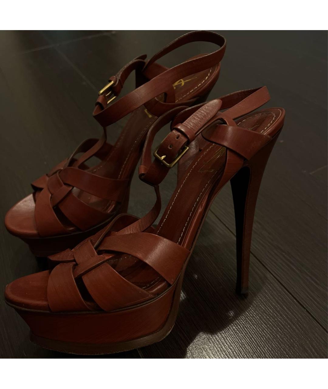 SAINT LAURENT Коричневые кожаные босоножки, фото 4