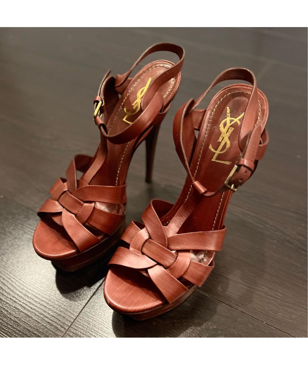 SAINT LAURENT Коричневые кожаные босоножки, фото 2