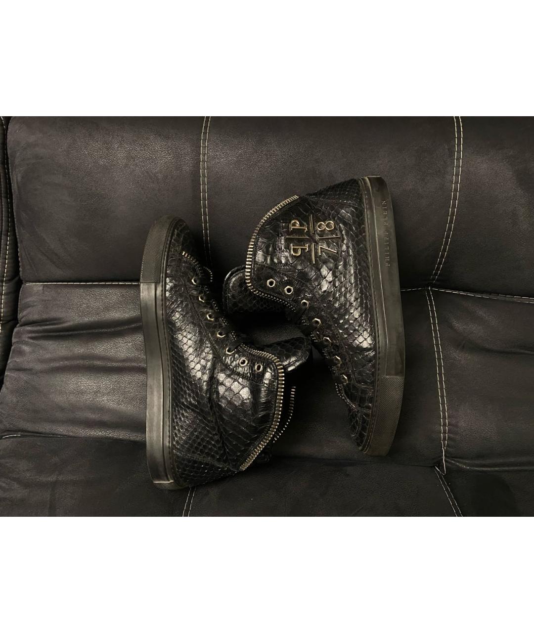 PHILIPP PLEIN Черные высокие кроссовки / кеды из кожи крокодила, фото 5