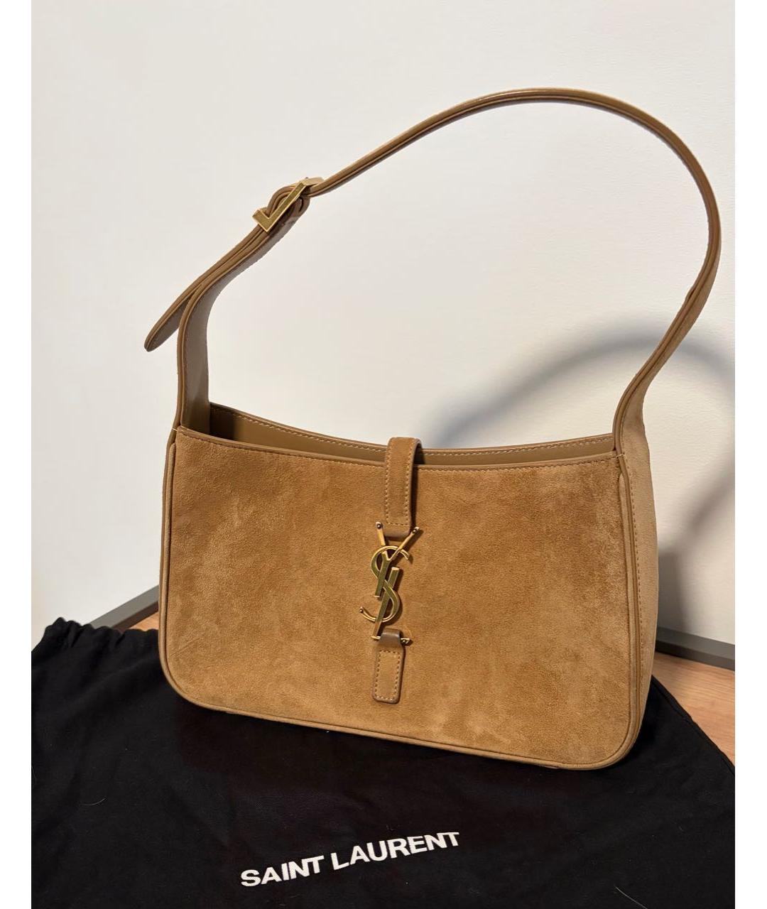 SAINT LAURENT Коричневая замшевая сумка с короткими ручками, фото 5