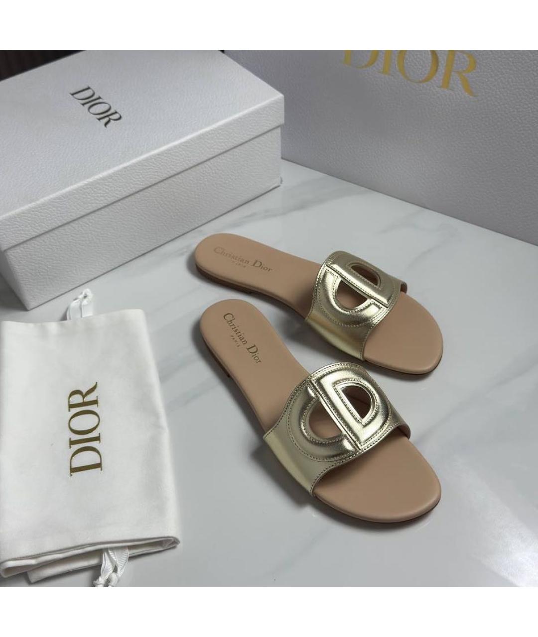 CHRISTIAN DIOR Золотые кожаные шлепанцы, фото 2