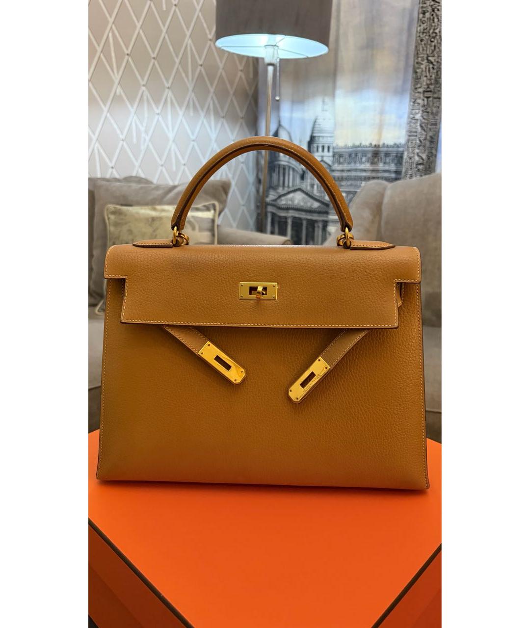 HERMES Горчичная кожаная сумка тоут, фото 5