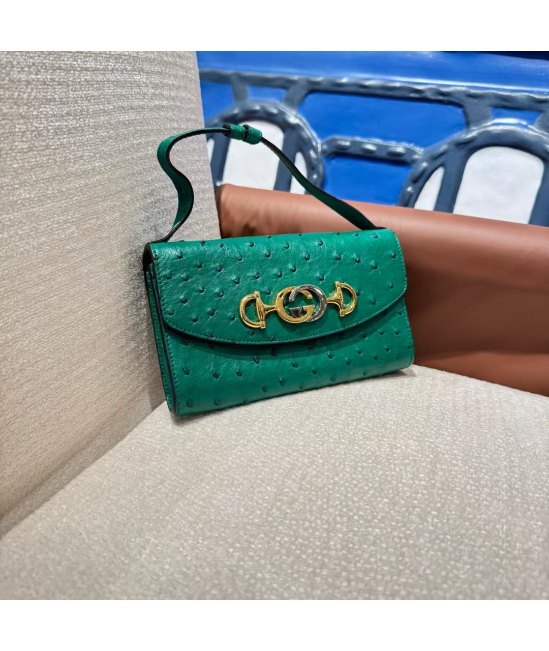 GUCCI Зеленая сумка с короткими ручками из кожи страуса, фото 2