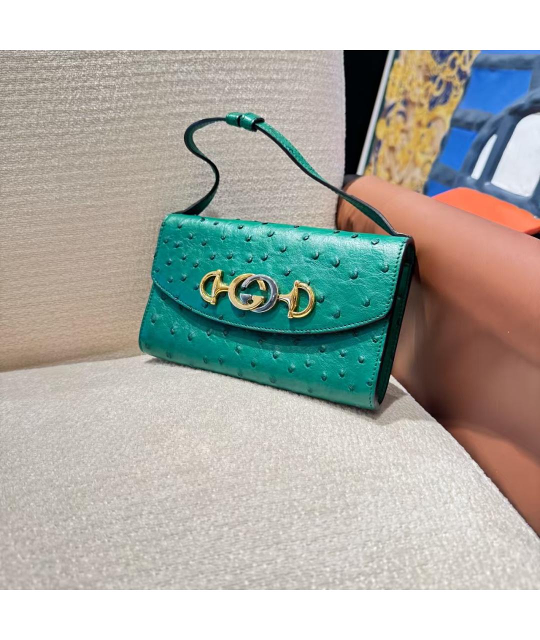 GUCCI Зеленая сумка с короткими ручками из кожи страуса, фото 3