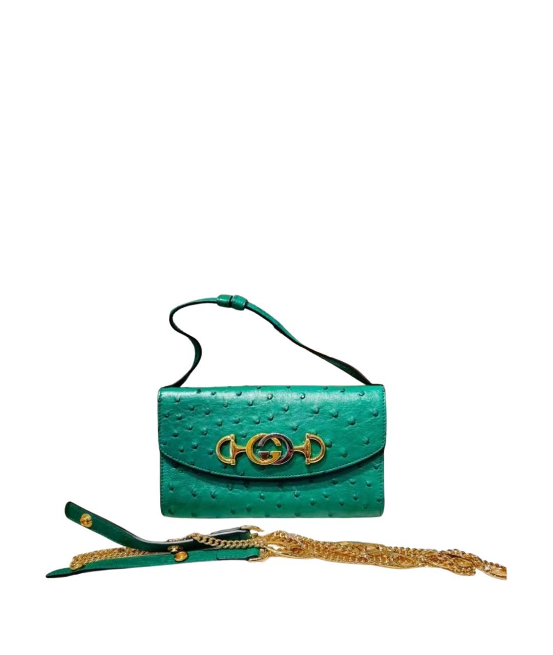 GUCCI Зеленая сумка с короткими ручками из кожи страуса, фото 1