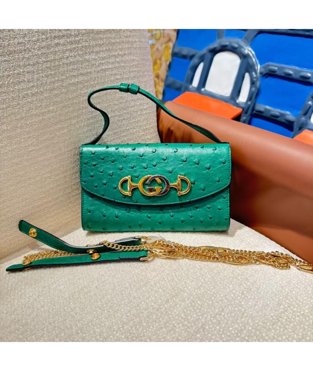 GUCCI Зеленая сумка с короткими ручками из кожи страуса, фото 5