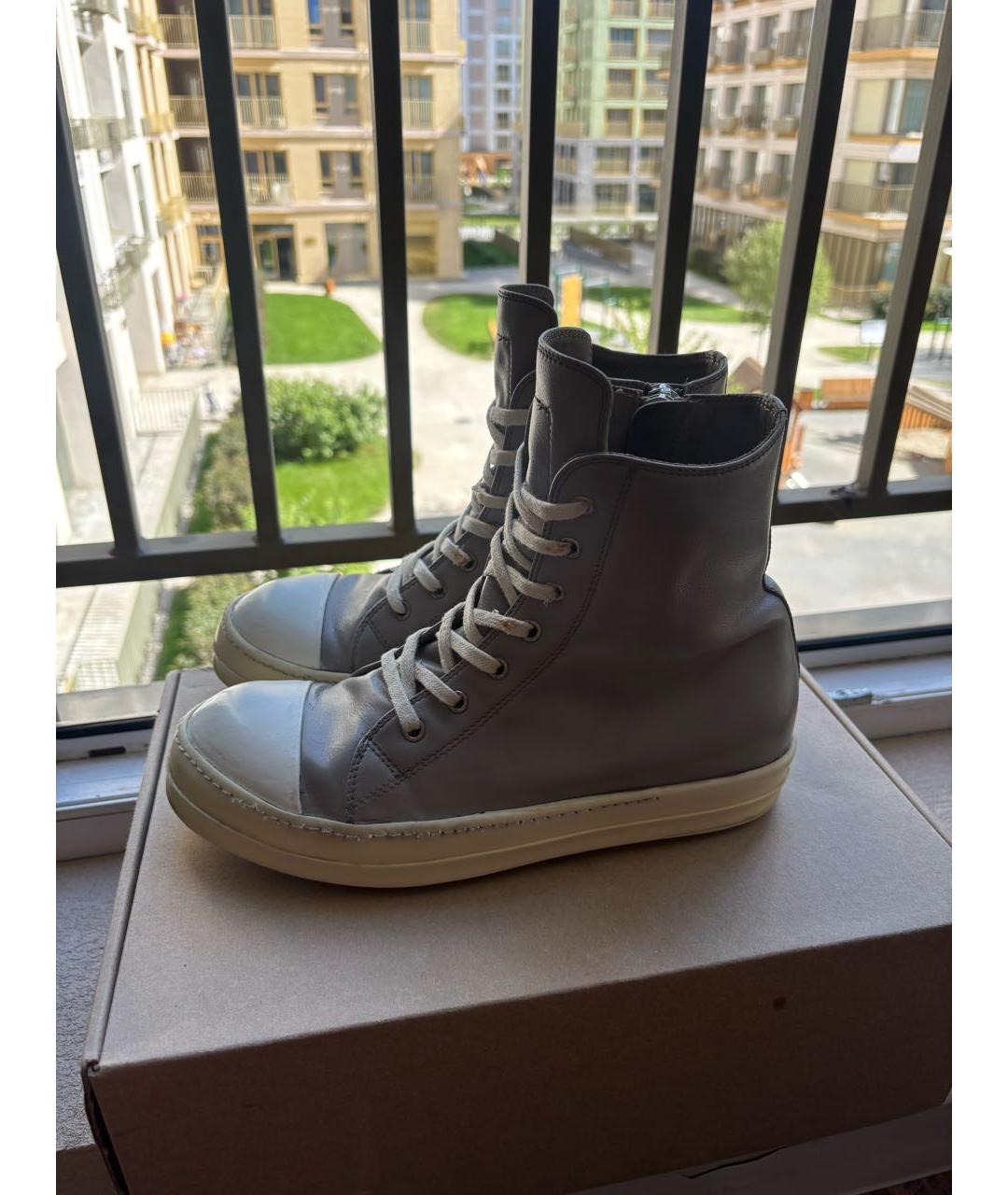 RICK OWENS Серые кожаные высокие кроссовки / кеды, фото 3