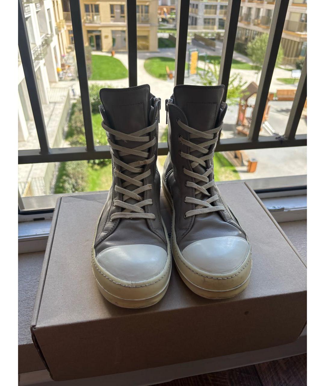 RICK OWENS Серые кожаные высокие кроссовки / кеды, фото 2