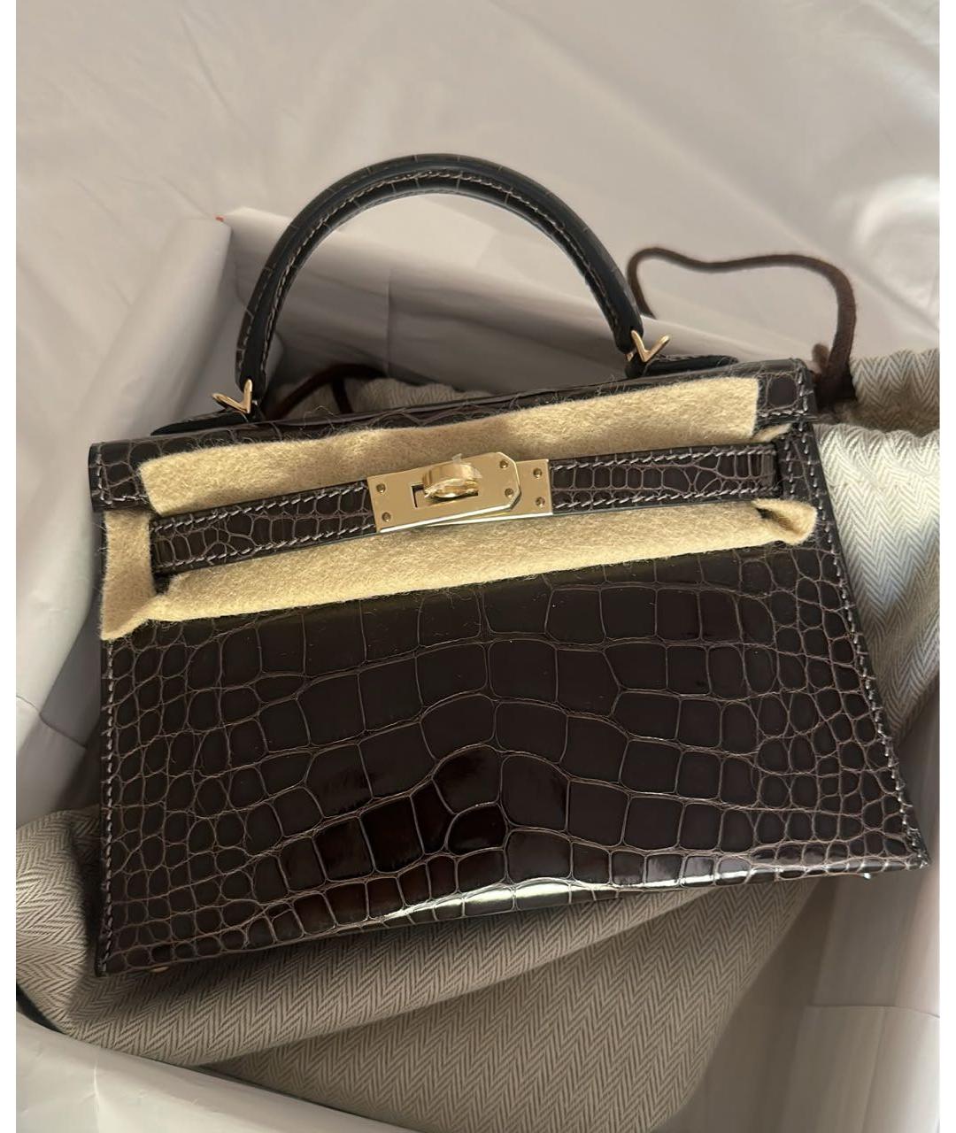 HERMES Коричневая сумка с короткими ручками из кожи крокодила, фото 5