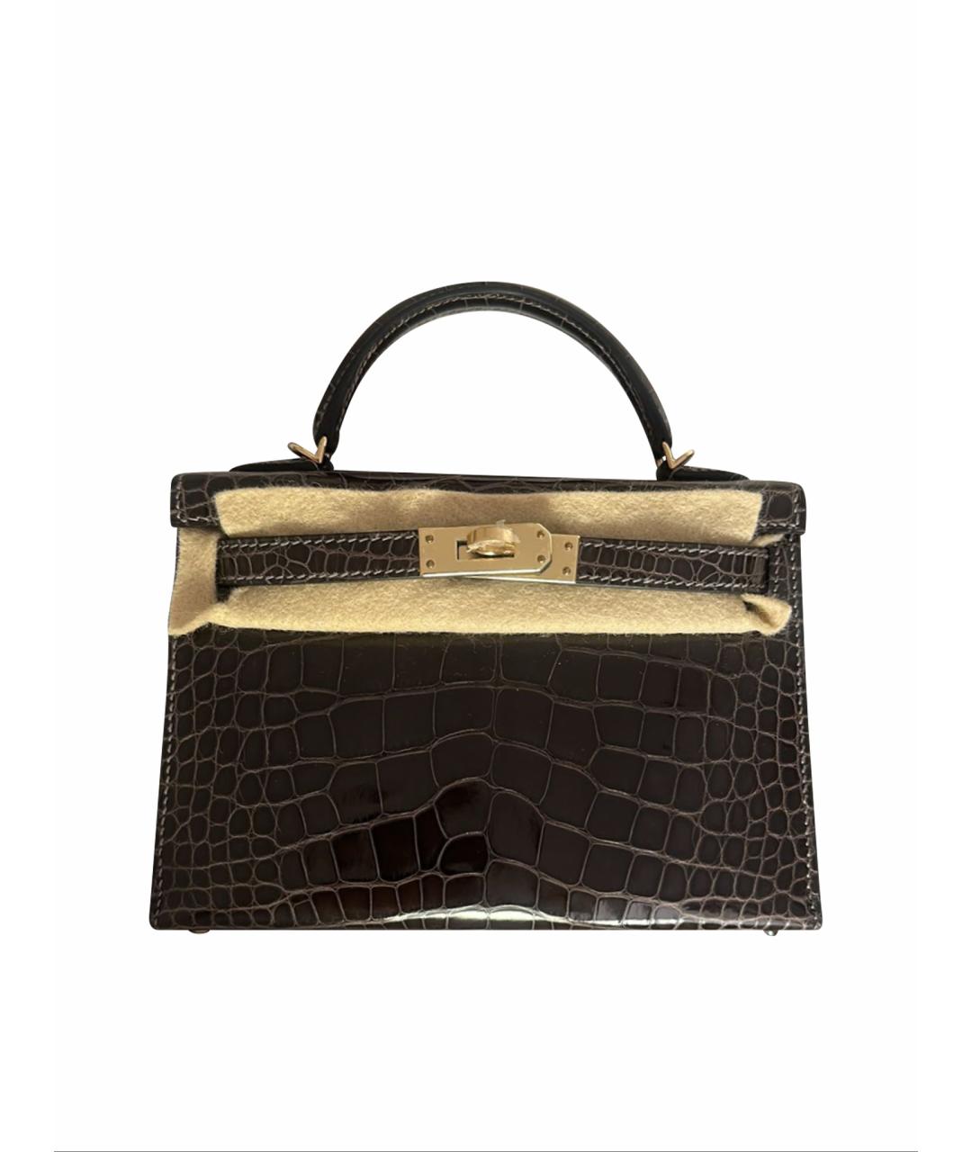 HERMES Коричневая сумка с короткими ручками из кожи крокодила, фото 1