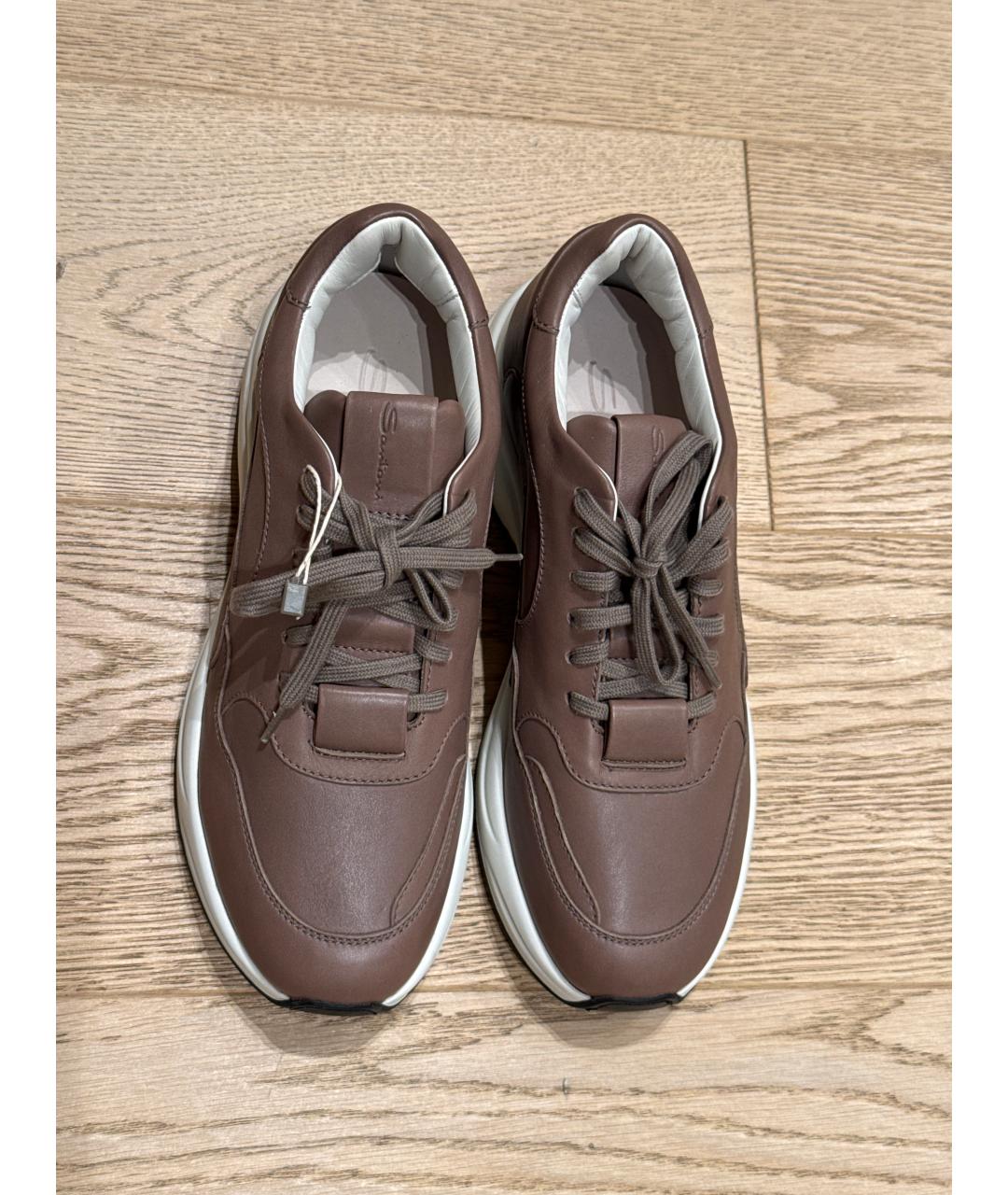 SANTONI Коричневые кожаные низкие кроссовки / кеды, фото 3
