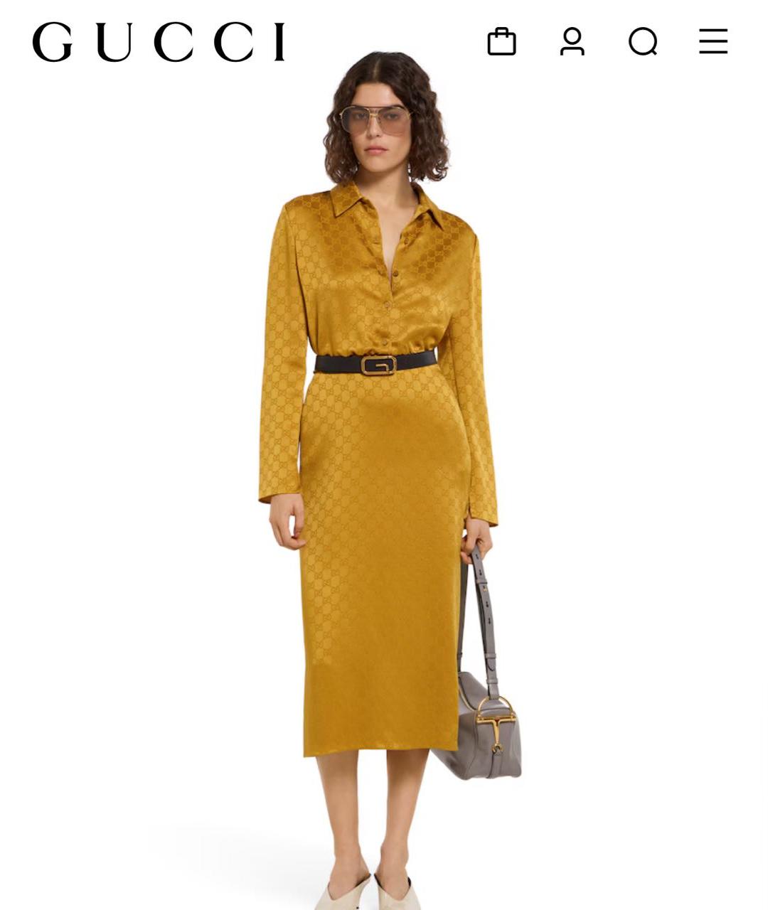 GUCCI Горчичное шелковое коктейльное платье, фото 2