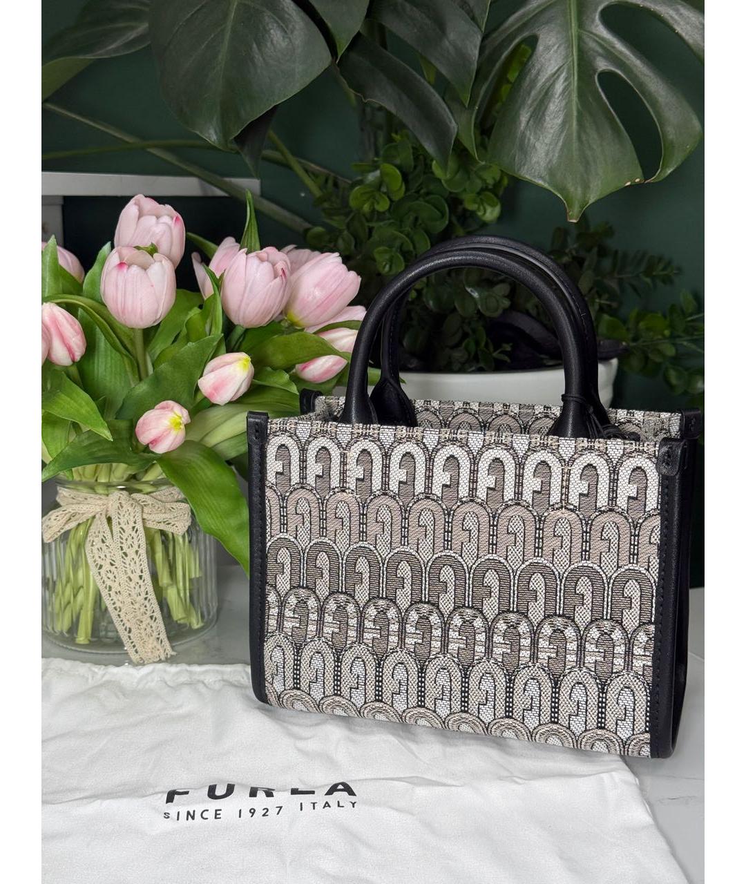 FURLA Серая жаккардовая сумка с короткими ручками, фото 5