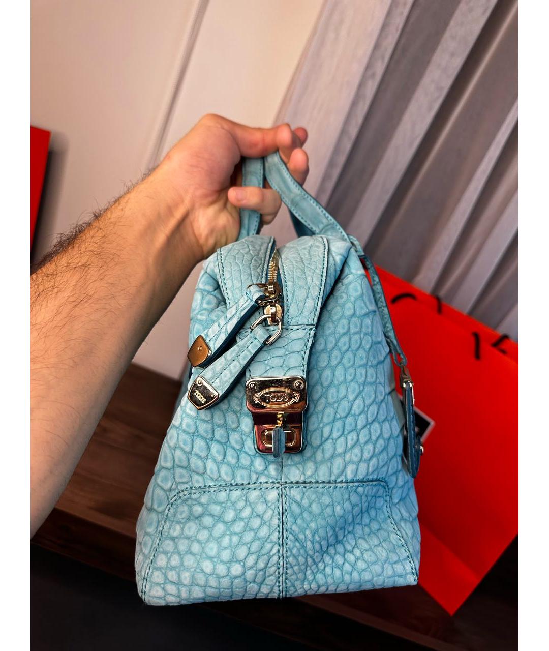 TOD'S Бирюзовая сумка с короткими ручками из кожи крокодила, фото 4