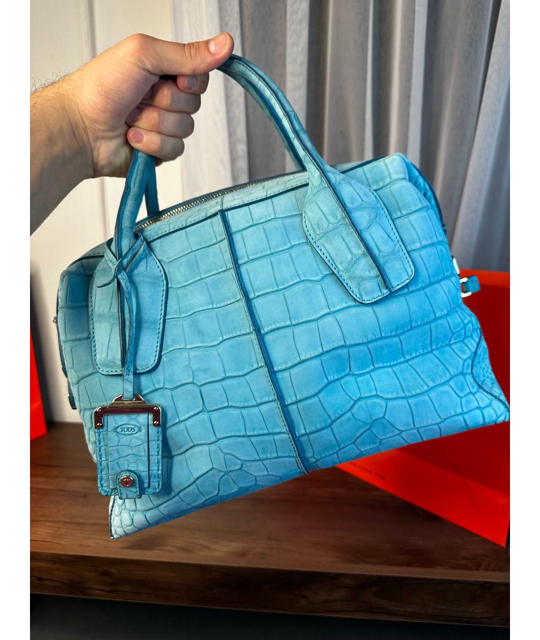 TOD'S Бирюзовая сумка с короткими ручками из кожи крокодила, фото 3
