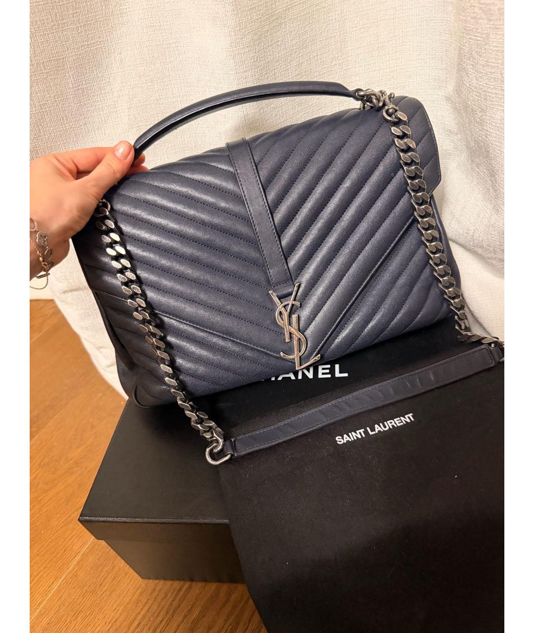SAINT LAURENT Темно-синяя кожаная сумка с короткими ручками, фото 2