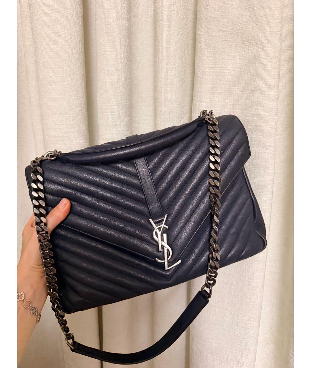 SAINT LAURENT Темно-синяя кожаная сумка с короткими ручками, фото 3