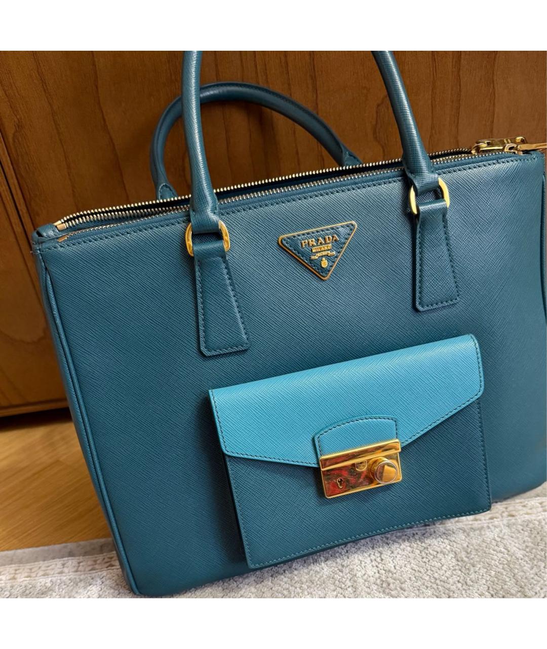 PRADA Бирюзовая кожаная сумка с короткими ручками, фото 8