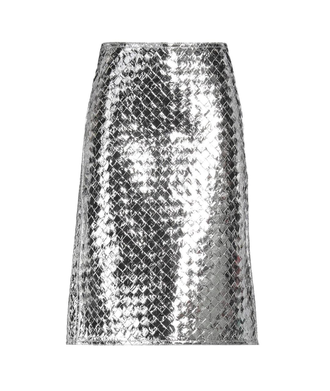 BOTTEGA VENETA Серебряная кожаная юбка миди, фото 1
