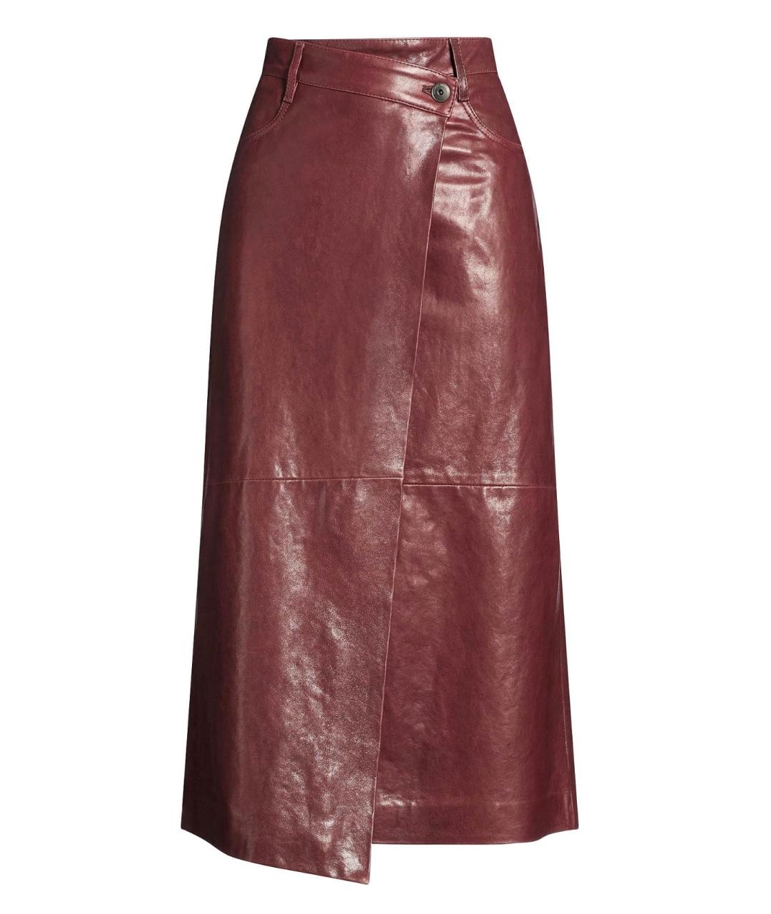 BRUNELLO CUCINELLI Бордовая кожаная юбка миди, фото 1