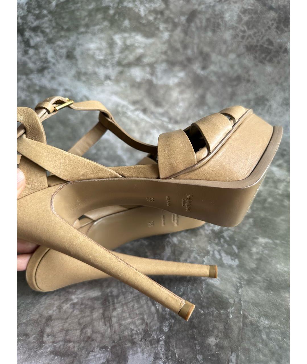 SAINT LAURENT Бежевые кожаные босоножки, фото 8