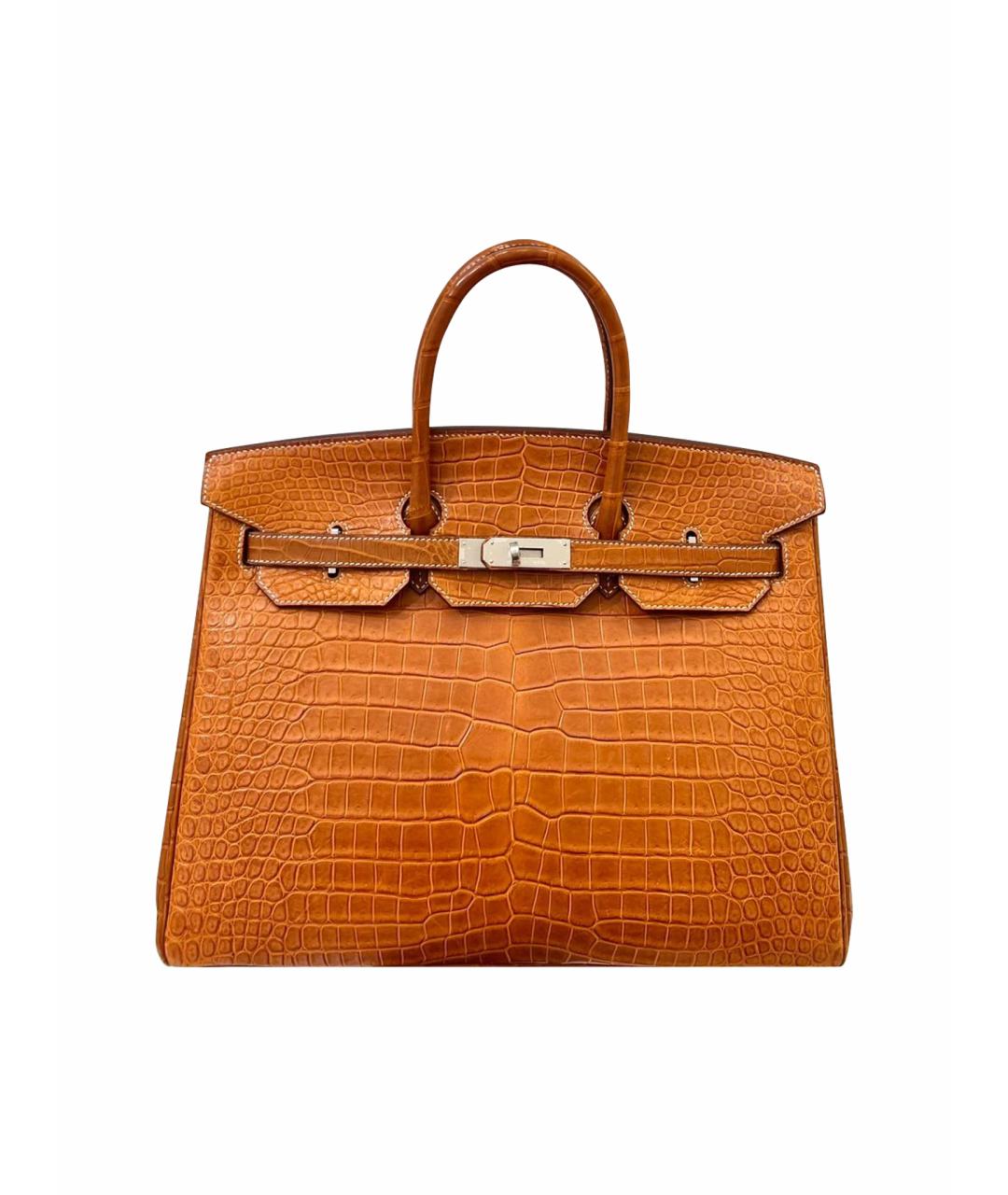 HERMES Коричневая сумка с короткими ручками из кожи крокодила, фото 1