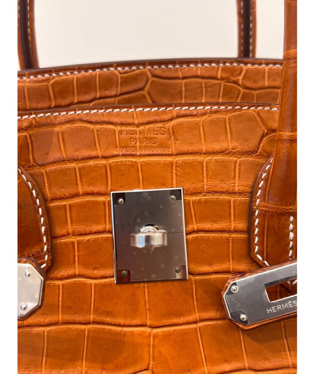 HERMES Коричневая сумка с короткими ручками из кожи крокодила, фото 5