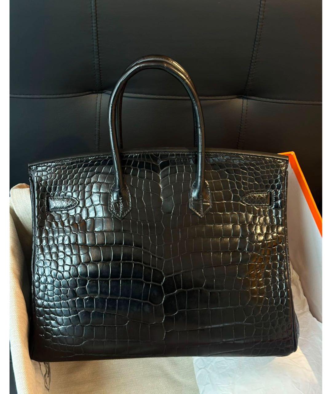 HERMES Черная сумка с короткими ручками из кожи крокодила, фото 2