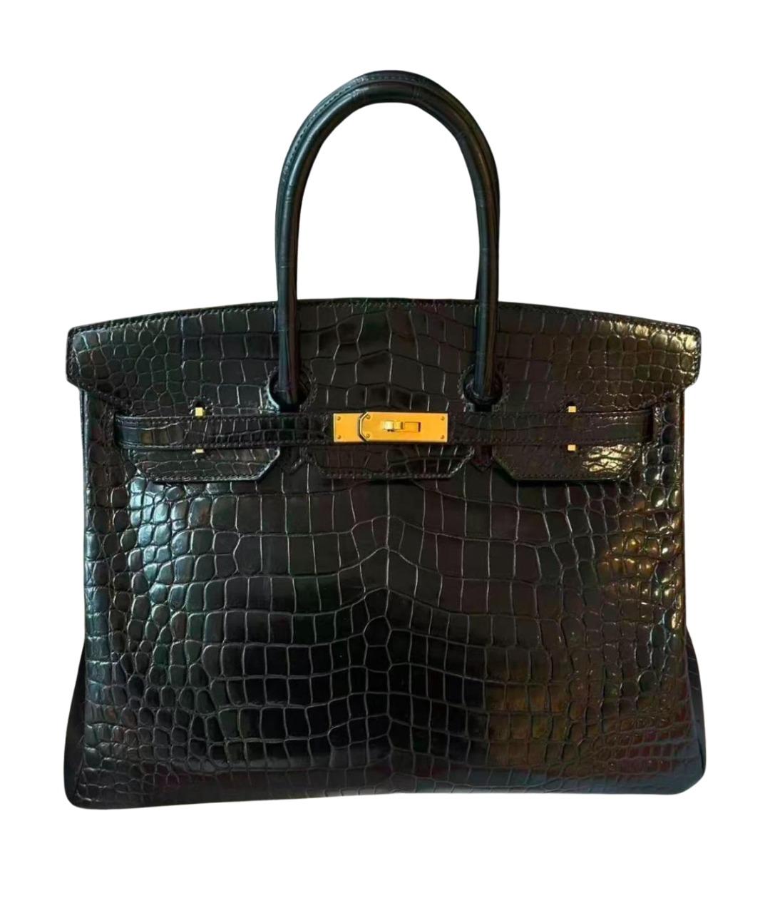 HERMES Черная сумка с короткими ручками из кожи крокодила, фото 1
