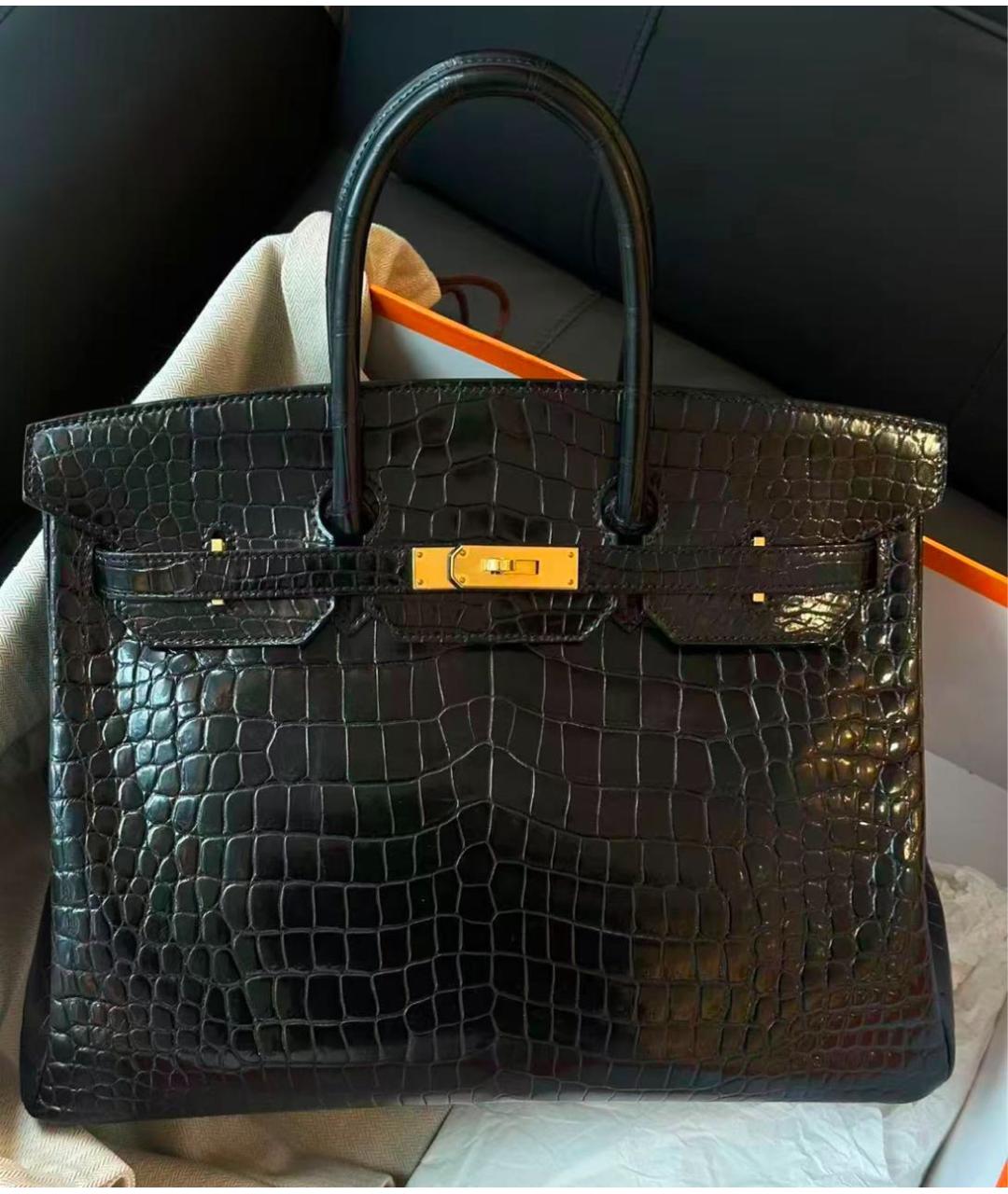 HERMES Черная сумка с короткими ручками из кожи крокодила, фото 4