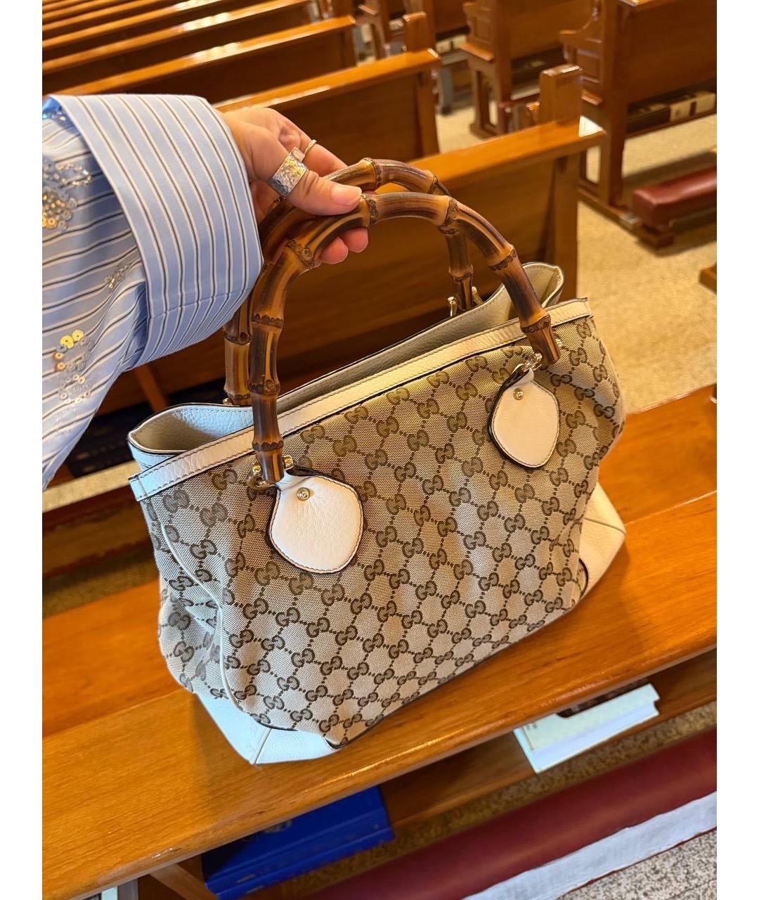 GUCCI Бежевая сумка с короткими ручками из канвы, фото 5