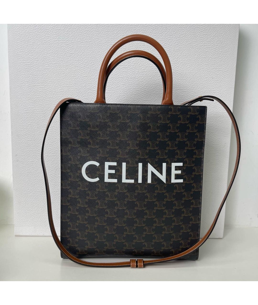 CELINE Коричневая жаккардовая сумка тоут, фото 7