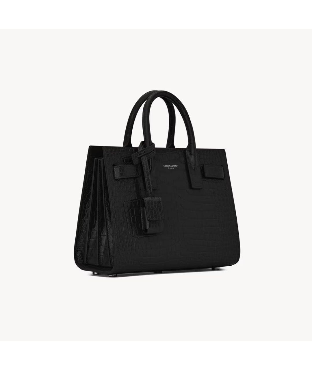SAINT LAURENT Черная сумка с короткими ручками из кожи крокодила, фото 6