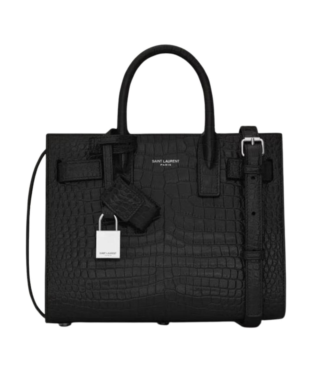 SAINT LAURENT Черная сумка с короткими ручками из кожи крокодила, фото 1