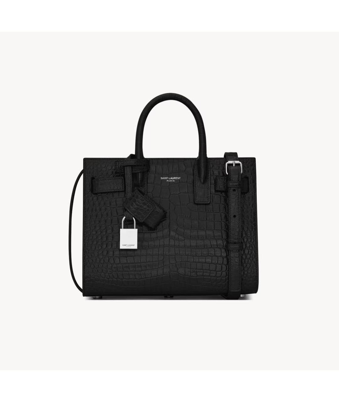 SAINT LAURENT Черная сумка с короткими ручками из кожи крокодила, фото 7