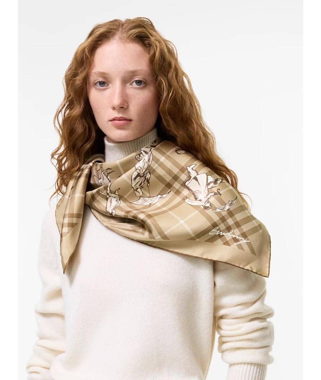 BURBERRY Бежевый шелковый платок, фото 2