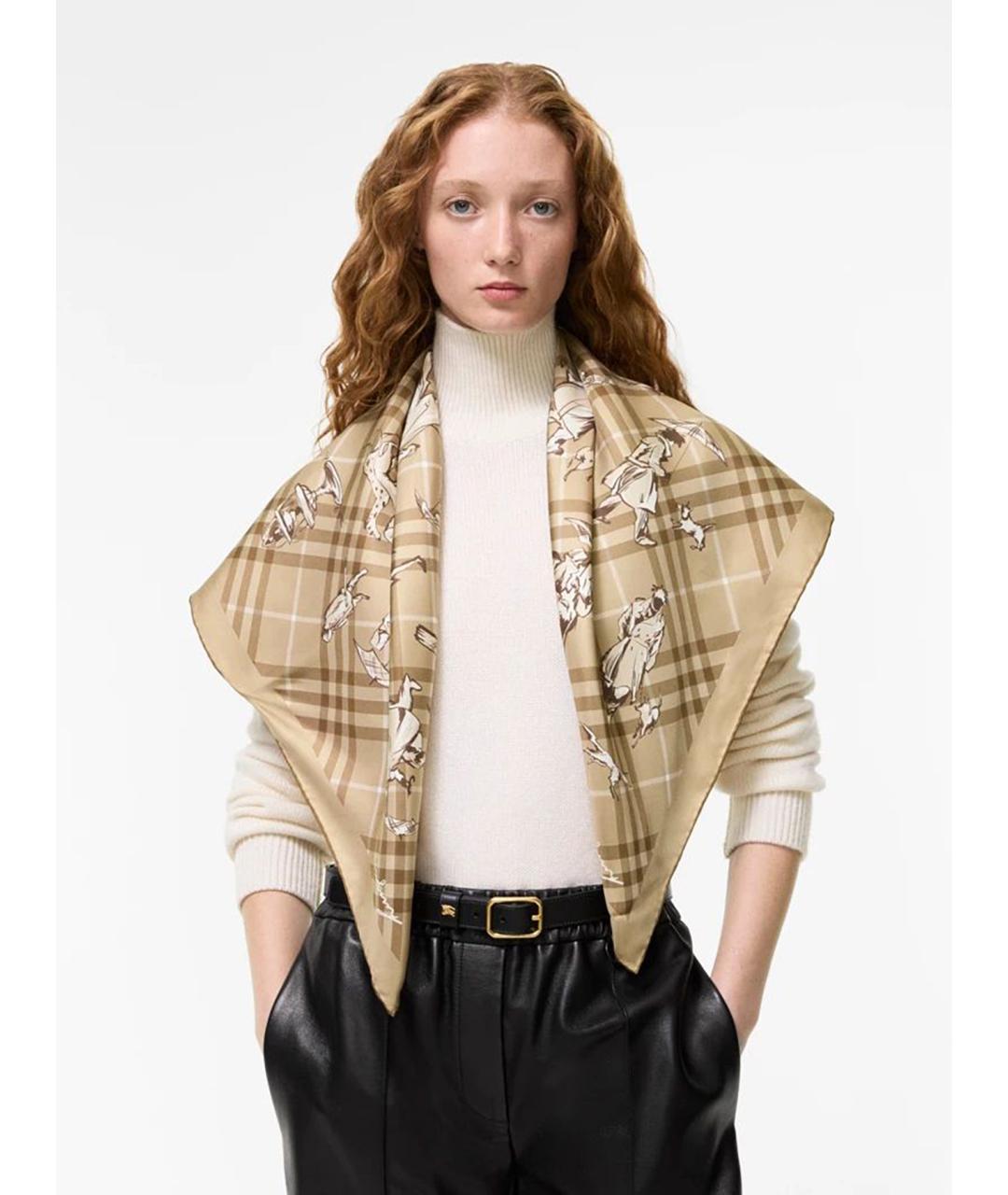 BURBERRY Бежевый шелковый платок, фото 3