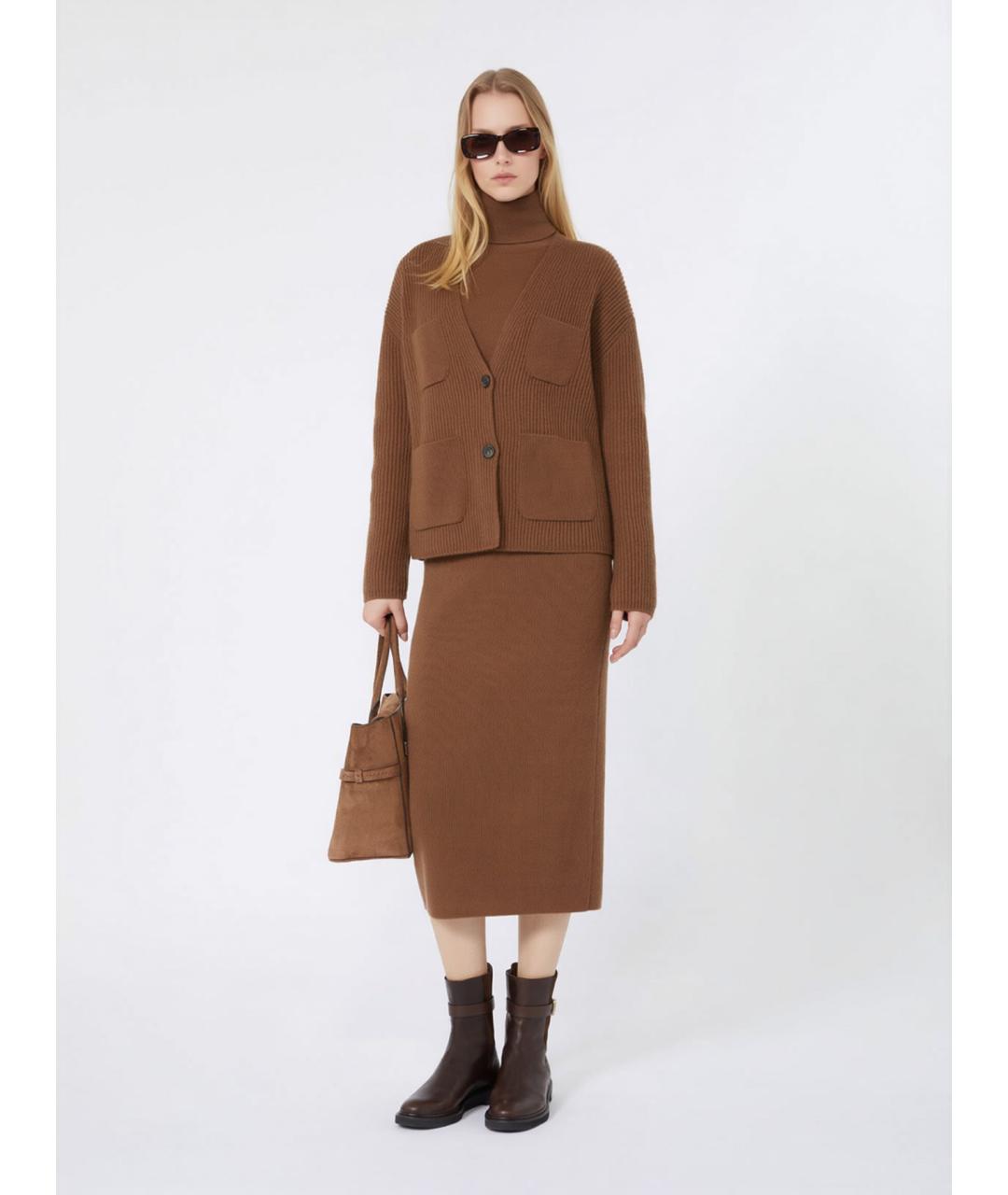 MAX MARA STUDIO Коричневая шерстяная юбка миди, фото 2