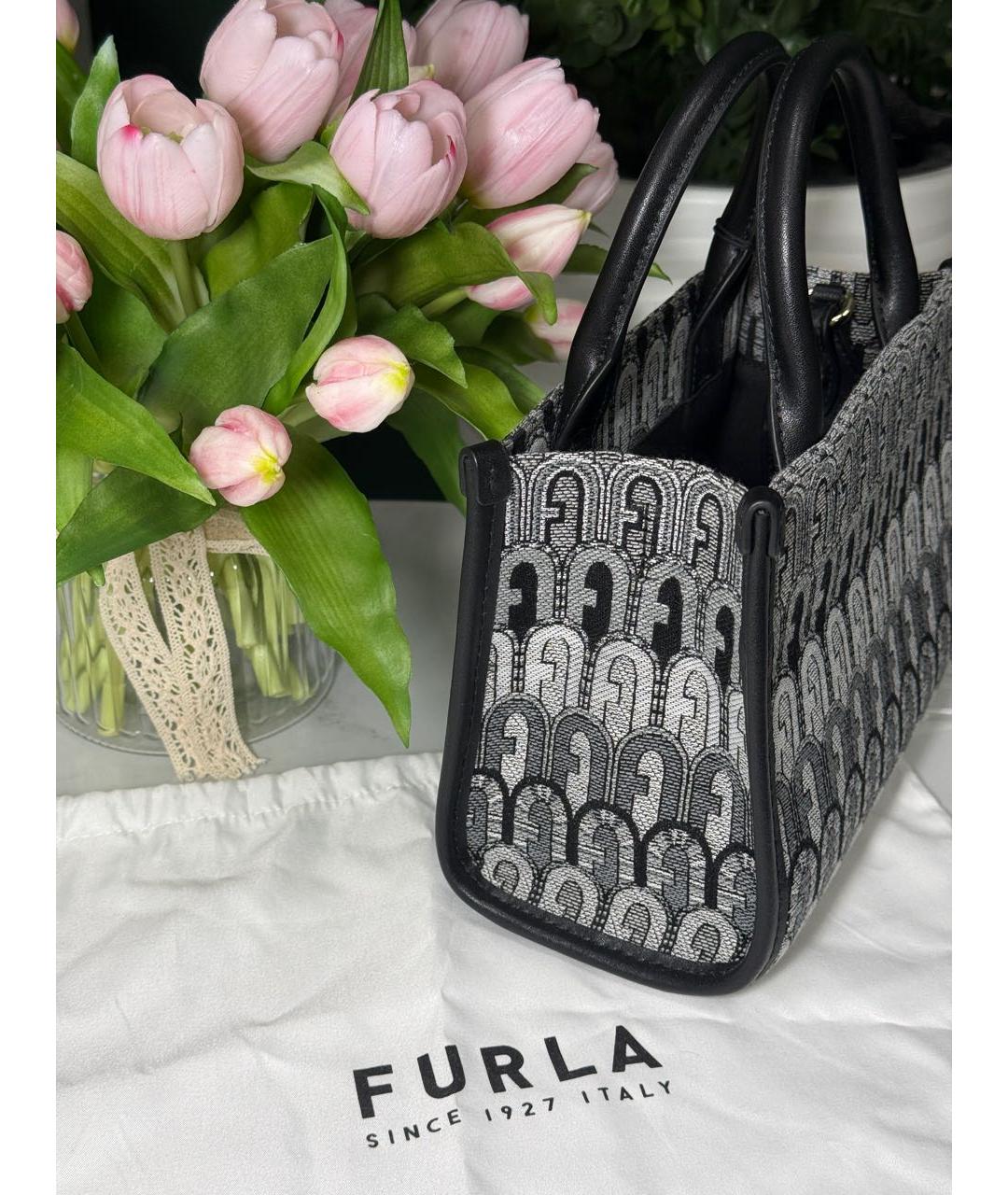 FURLA Антрацитовая жаккардовая сумка с короткими ручками, фото 2