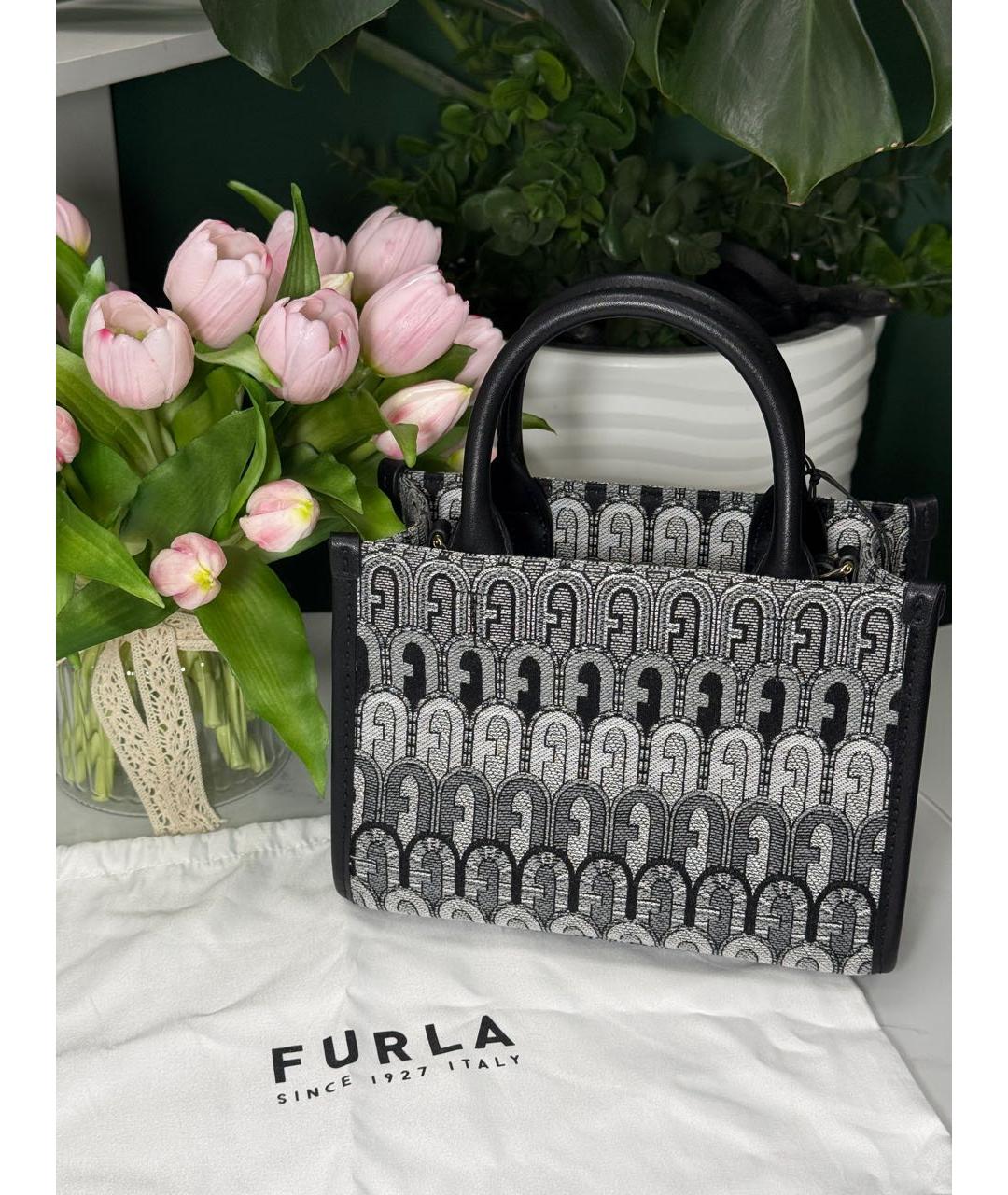 FURLA Антрацитовая жаккардовая сумка с короткими ручками, фото 5