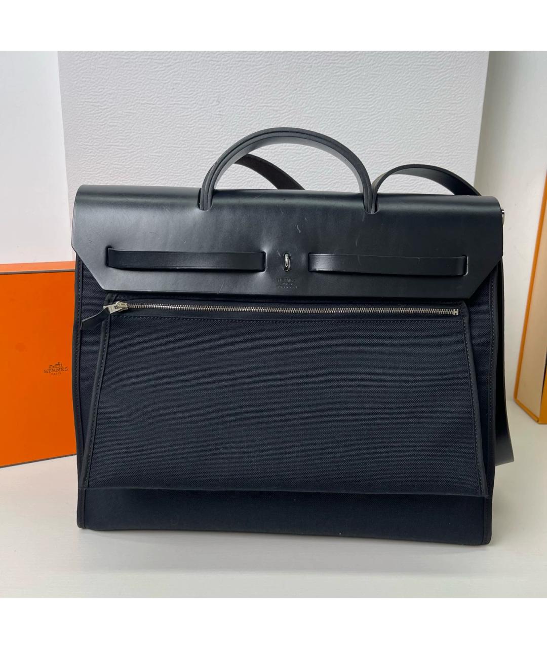 HERMES Темно-синяя кожаная сумка тоут, фото 3