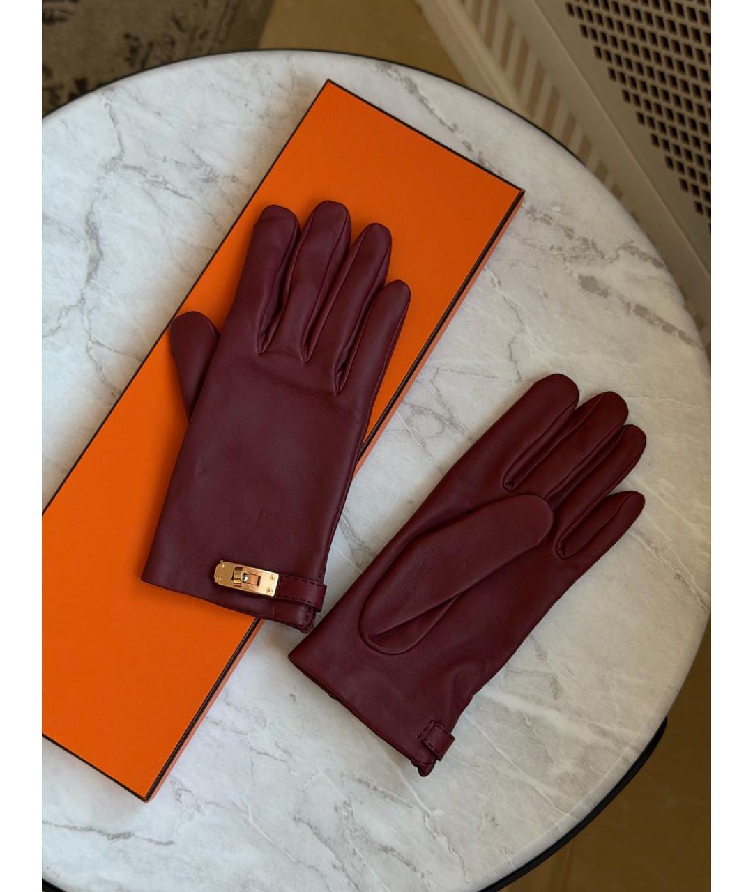HERMES Бордовые кожаные перчатки, фото 2