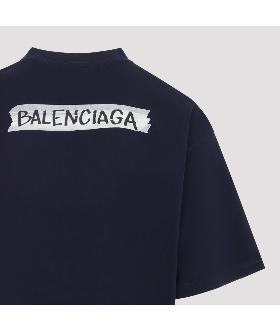 BALENCIAGA Темно-синяя хлопковая футболка, фото 4