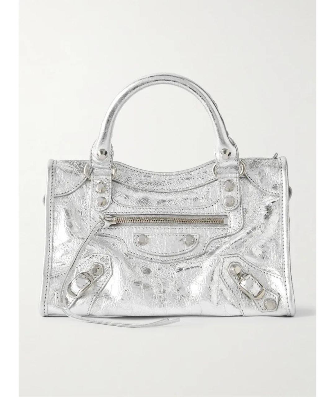 BALENCIAGA Серебряная кожаная сумка с короткими ручками, фото 5