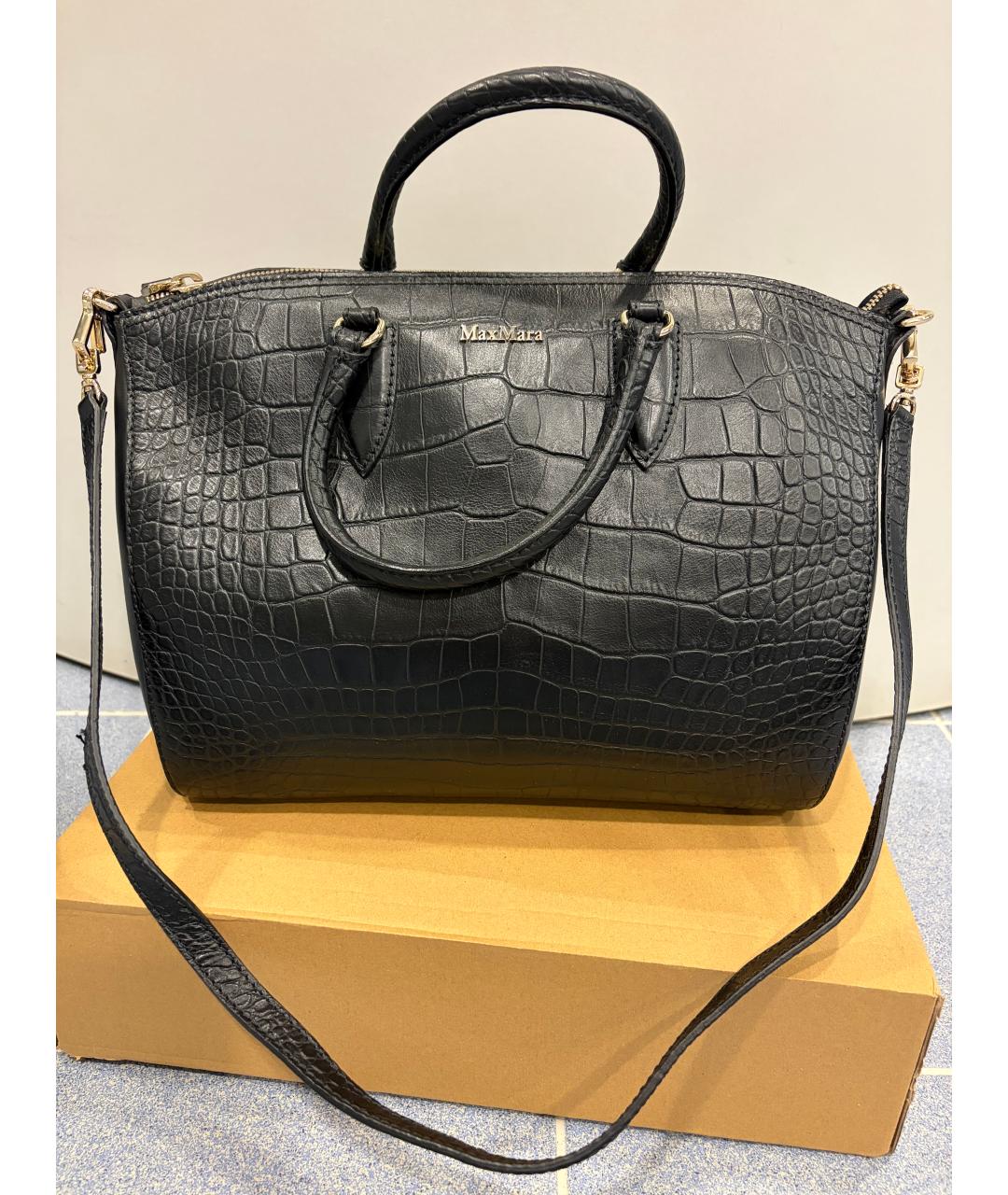 MAX MARA Черная сумка тоут из кожи крокодила, фото 4