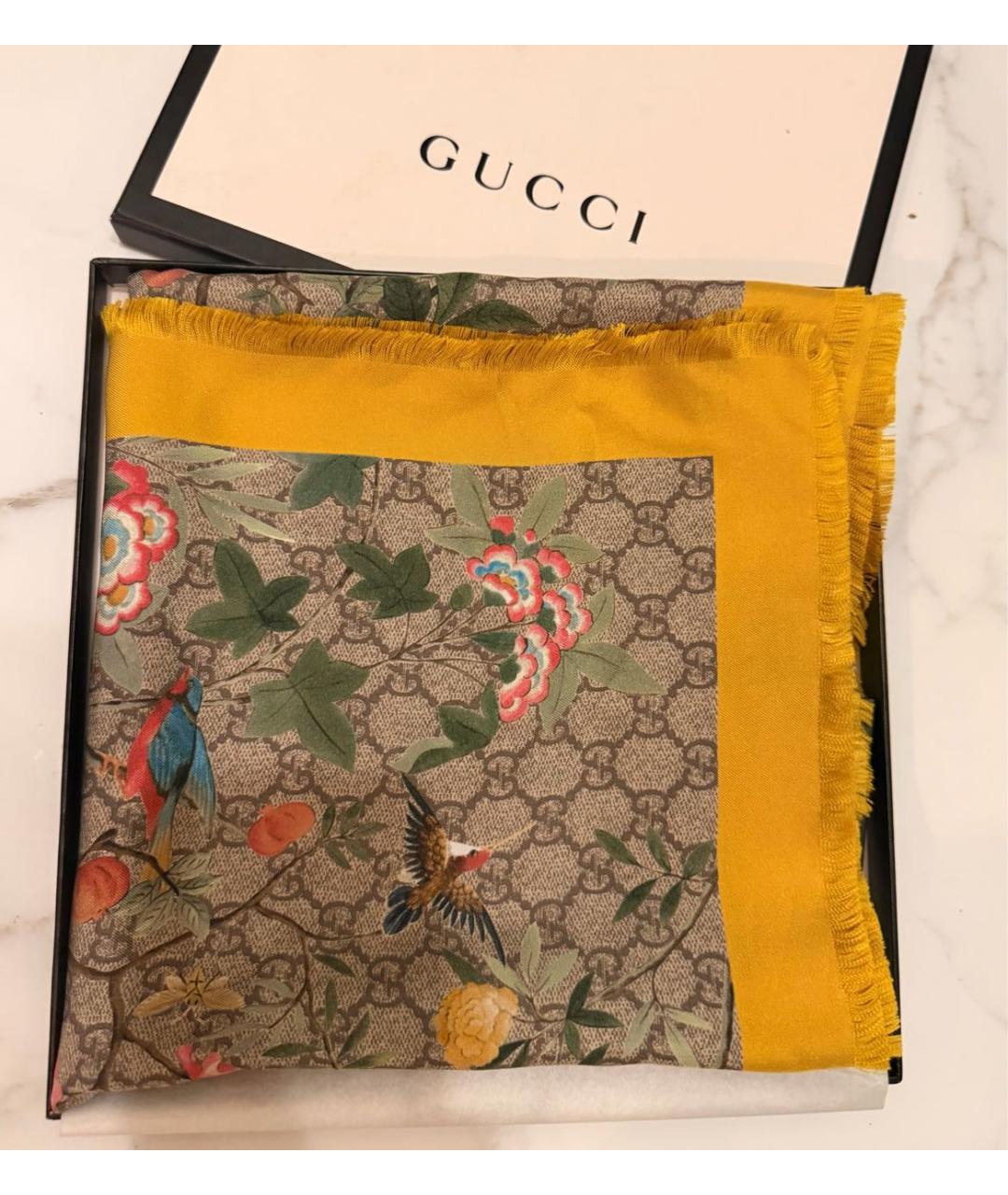 GUCCI Желтый шелковый шарф, фото 7