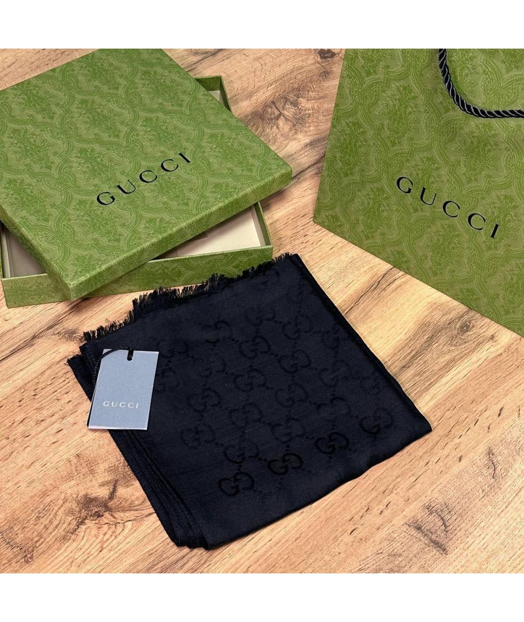 GUCCI Черный шелковый шарф, фото 3