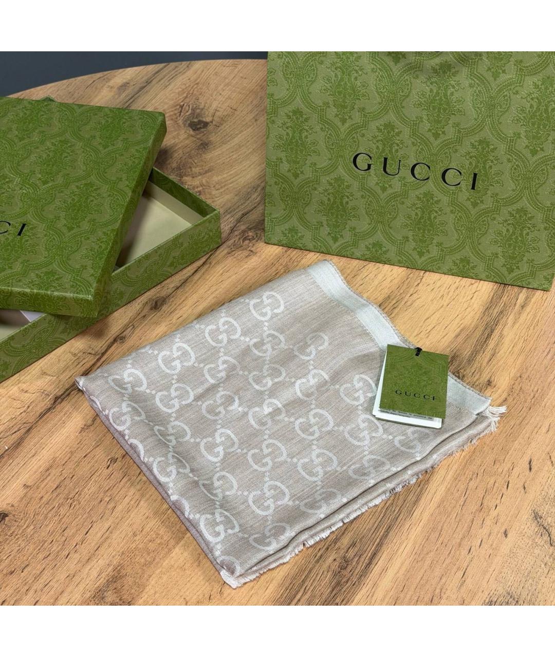 GUCCI Бежевый шелковый шарф, фото 3