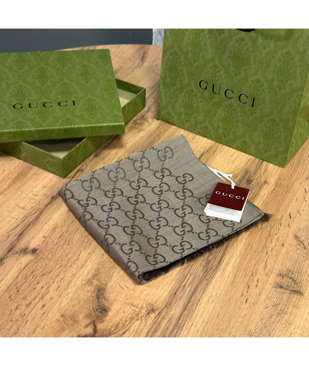 GUCCI Коричневый шелковый шарф, фото 3