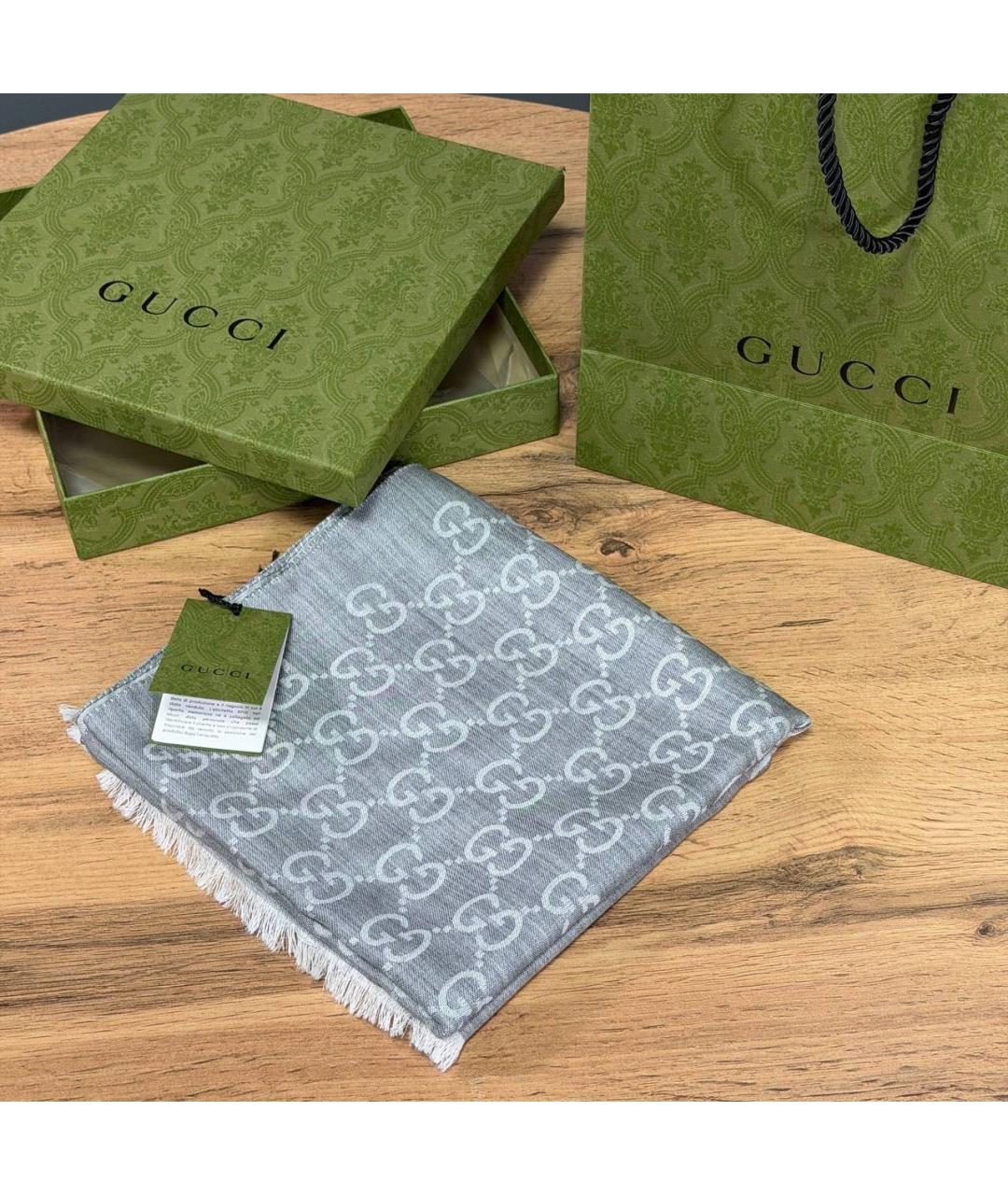 GUCCI Серый шелковый шарф, фото 2